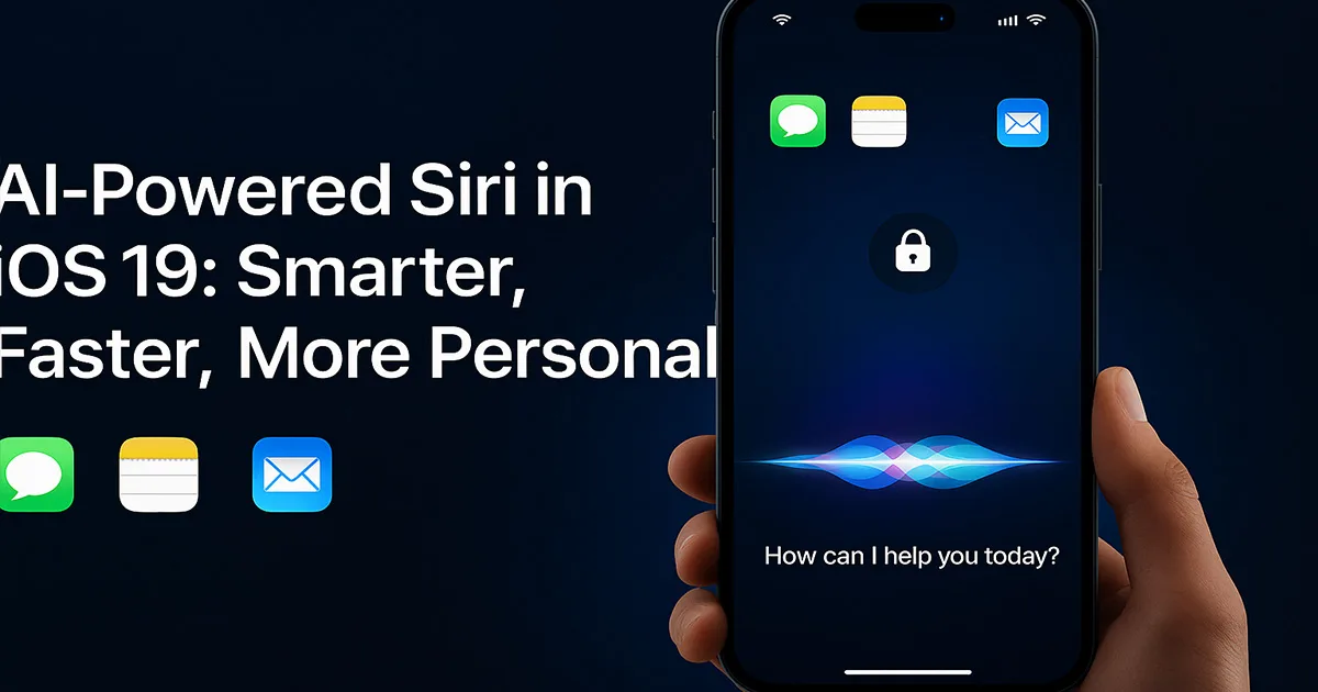 AI-Powered Siri in iOS 19 displayed on an iPhone screen with voice interface, showing smart assistant prompt and app icons, symbolizing enhanced on-device AI and privacy.