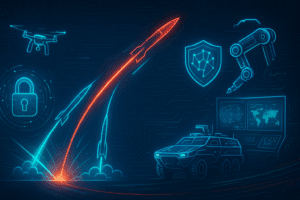 Israel Defense Partners 2025: Top 10 Strategic Allies Revealed 3 A futuristic digital illustration showcasing advanced military technologies, including drones, missile defense systems, cybersecurity icons, AI elements like robotic arms and neural networks, and a digital command center, all set against a dark tech-themed background with glowing neon highlights.