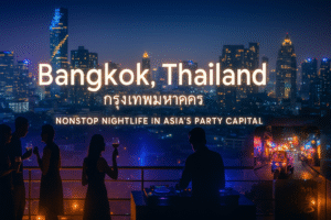 Bangkok nightlife scene with rooftop bar, glowing skyline including MahaNakhon Tower, party silhouettes, and a tuk-tuk on a vibrant street in Soi 11