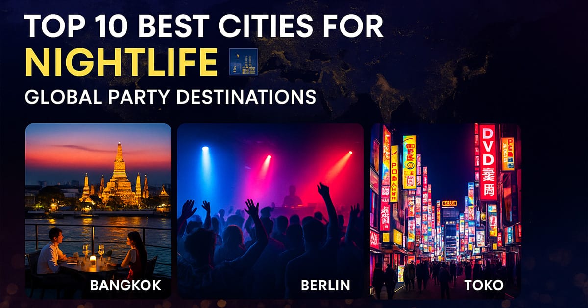 Best cities for nightlife around the world featuring vibrant scenes from Bangkok rooftop bars, Berlin techno clubs, Ibiza beach parties, and Tokyo neon streets