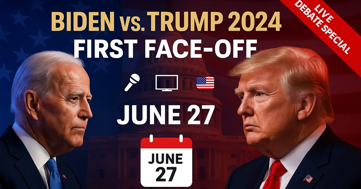 Side-by-side image of Joe Biden and Donald Trump facing each other with a U.S. Capitol and flag backdrop, promoting the Biden and Trump Debate on June 27, 2024, with bold text, calendar icon, and 'Live Debate Special' ribbon.
