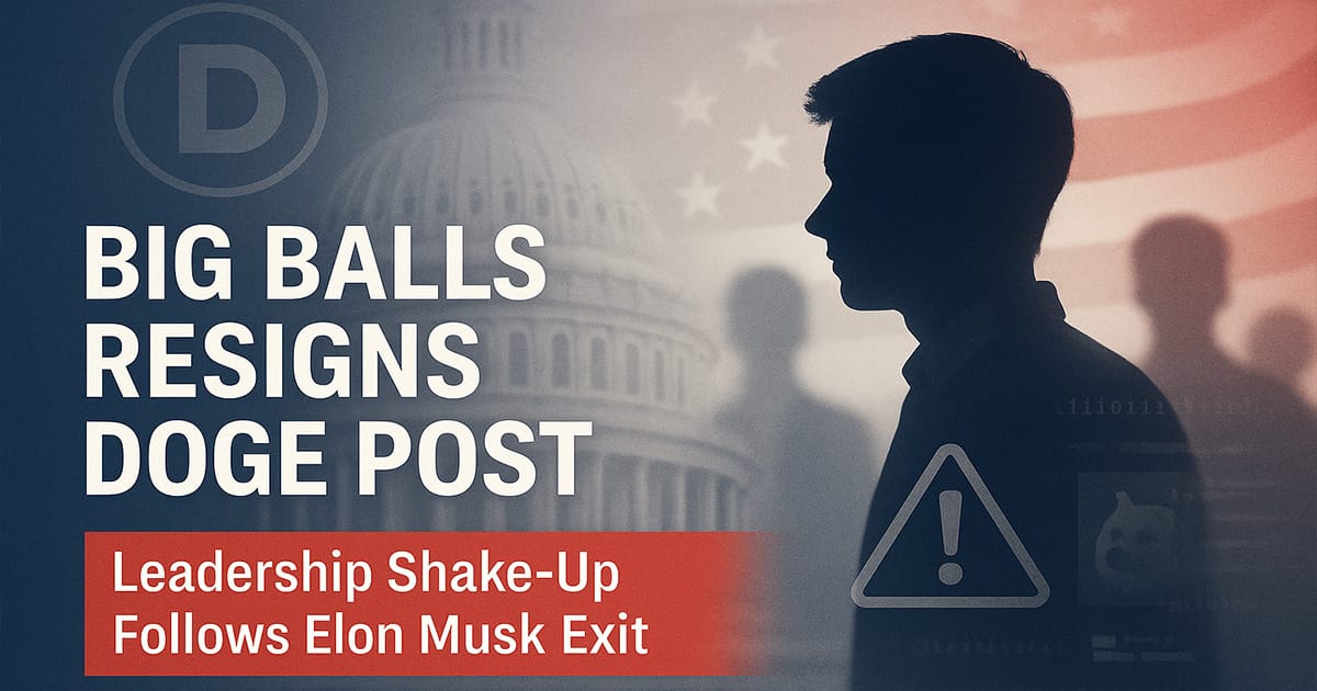 Big Balls’ Resigns DOGE with silhouette fading from U.S. Capitol backdrop and warning icon, symbolizing leadership shake-up.