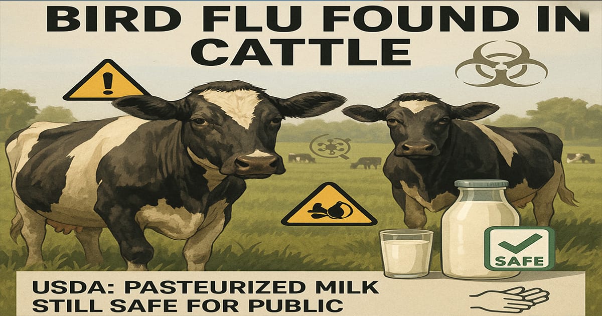 Illustration showing dairy cows and a milk bottle with safety icons, highlighting Bird Flu Found in Cattle across U.S. states and milk safety assurance.