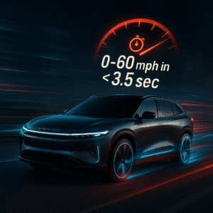 Lucid Gravity SUV accelerating on open road, highlighting its tri-motor electric performance and sub-3.5 second 0–60 mph speed.