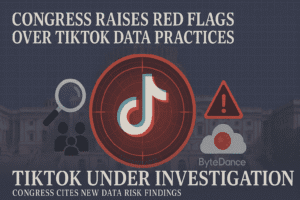 Graphic showing TikTok logo under digital surveillance with U.S. Capitol in background, highlighting congressional concerns over data privacy and national security
