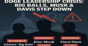 Silhouettes of Edward 'Big Balls' Coristine, Elon Musk, and Steve Davis with 'Resigned' tags, Capitol building and broken gears in background, symbolizing DOGE leadership shake-up