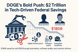 Infographic showing a federal building with a robot arm and scissors cutting money, icons of Musk and Coristine, a $180B savings graph, and digital reform symbols like infrastructure, software audits, and automation—highlighting DOGE’s cost-cutting mission.