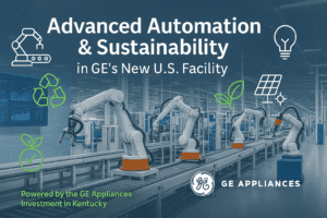 Smart factory interior with robotics and eco-friendly systems powered by GE Appliances Investment in Kentucky