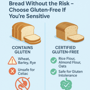 Comparison of regular bread with gluten-free bread, highlighting health risks for celiac patients and benefits of certified gluten-free alternatives.