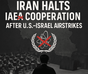 Iran halts cooperation with the IAEA following U.S. and Israeli airstrikes on nuclear facilities, symbolized by a red cross over the atomic agency logo and a map of Iran.