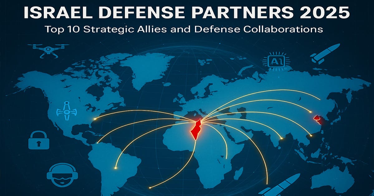 Digital world map showing "Israel Defense Partners 2025" with Israel highlighted and connected to top defense allies like the USA, India, France, and others, featuring military and tech icons in a high-tech design.