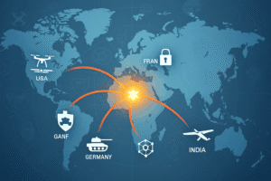 Israel Defense Partners 2025: Top 10 Strategic Allies Revealed 2 Map showing Israel at the center with defense collaboration lines connecting to USA, UK, France, Germany, and India, along with military icons like drones, tanks, and cybersecurity symbols.