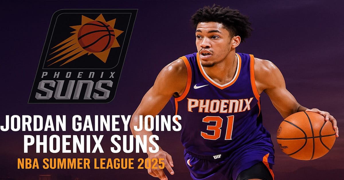 Jordan Gainey Joins Phoenix Suns — dynamic action shot of Gainey dribbling in a Phoenix Suns jersey with team logo, Summer League 2025 text, and a Las Vegas skyline backdrop.