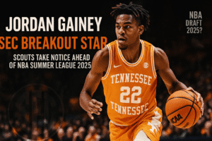 Jordan Gainey in his Tennessee Volunteers jersey driving with the basketball during a college game, with overlay text highlighting his rise as an SEC breakout star ahead of the NBA Summer League 2025.