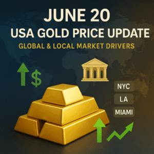 Visual summary of June 20 USA Gold Price Update showing global tensions, Fed policies, and local U.S. demand influencing gold prices.
