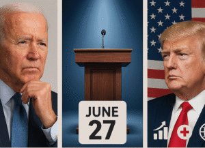 Triptych image showing Joe Biden, a debate podium with June 27 date, and Donald Trump against the U.S. flag with icons for economy, healthcare, and global policy