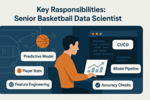 Illustration of a Senior Basketball Data Scientist at a desk, analyzing data with a laptop. The scene blends a basketball court on the left and a code dashboard on the right. Floating labels include Predictive Model, Player Stats, CI/CD, Model Pipeline, Accuracy Checks, and Feature Engineering.