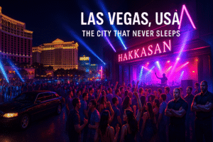 Vibrant Las Vegas nightlife featuring crowds outside Hakkasan club, neon lights, luxury car, and iconic casinos like Bellagio, Caesars Palace, and MGM Grand glowing on the Strip at night.