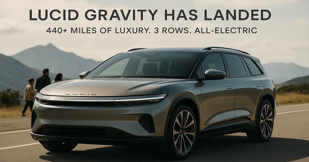Lucid Gravity SUV in metallic silver parked on a scenic mountain road, showcasing its sleek design and premium build with a family in the background and launch text overlayed.