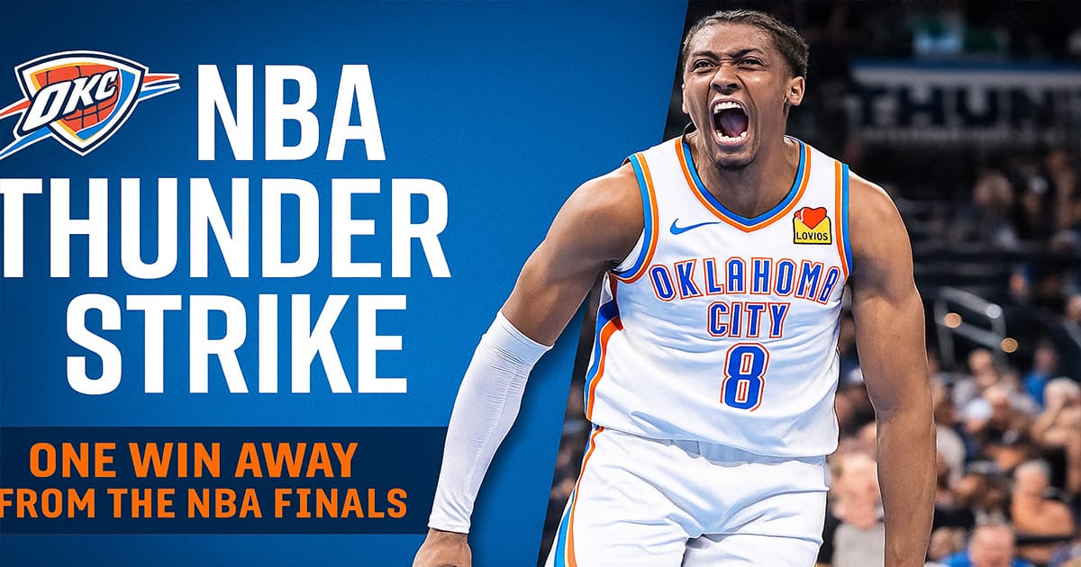 Oklahoma City Thunder playe celebrating a powerful dunk during an NBA match – Thunder Strike moment.