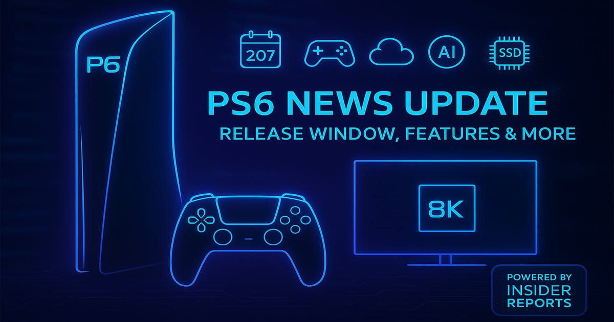Futuristic concept design of the PlayStation 6 console and controller in a dark, tech-themed background for PS6 news update.