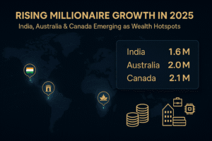Top 10 Millionaire Countries in 2025: Global Wealth Leaders Revealed 3 Infographic showing millionaire population increase in 2025 for India (1.6M), Australia (2.0M), and Canada (2.1M), with highlighted map, country icons, and financial symbols.