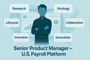 Gender-neutral product manager standing confidently with arms crossed, surrounded by floating panels labeled Research, Strategy, Lifecycle, Collaboration, and Innovation, with U.S. payroll dashboard in the background.
