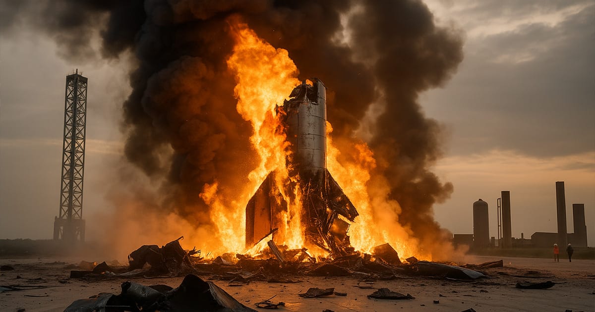 SpaceX Rocket Explosion during static fire test shows Starship prototype engulfed in flames, with thick smoke rising and debris scattered across the Texas test site.