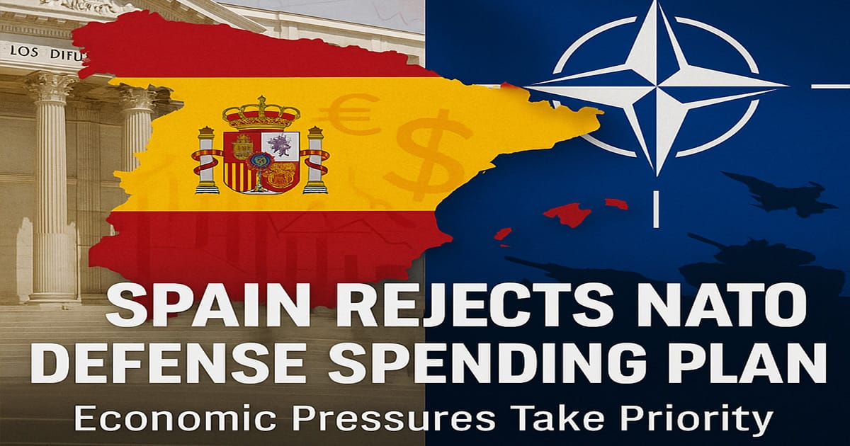 Spain Rejects NATO Defense Spending Plan – Image showing Spanish flag and NATO symbol split with economic graphics in background