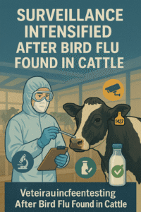 Veterinary officer testing dairy cattle on a farm after Bird Flu Found in Cattle, representing intensified surveillance and milk safety assurance.