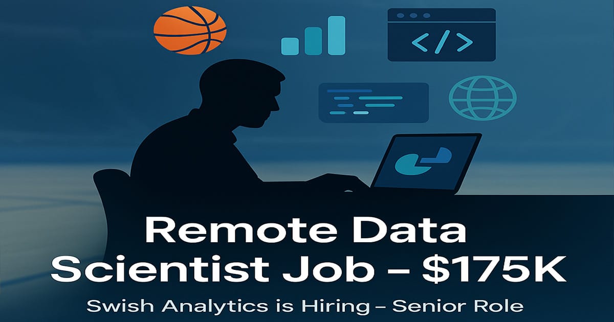Visual ad for a Senior Basketball Data Scientist remote role at Swish Analytics, offering $175K salary, with tech and basketball-themed graphics.