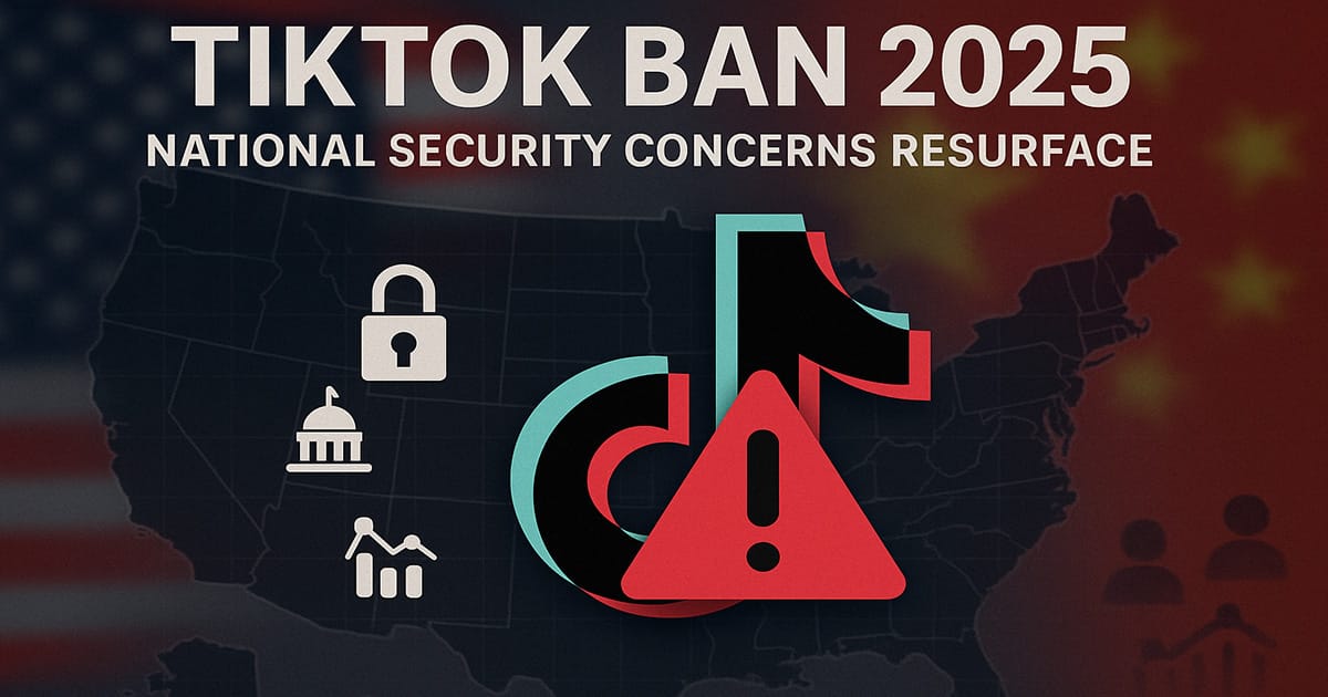 TikTok ban 2025 illustration showing TikTok logo with warning symbol over a U.S. map, featuring lock, Capitol, and graph icons, and blurred U.S.–China flags in the background representing national security and data privacy concerns.