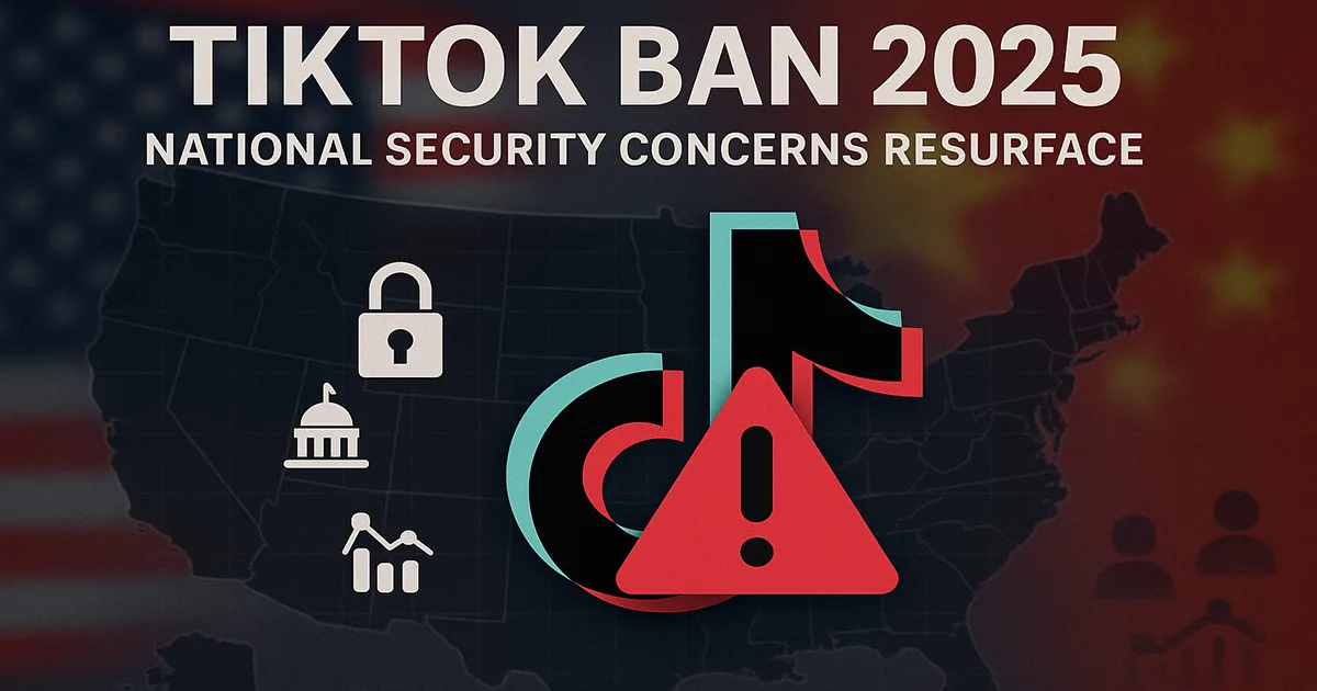 TikTok Ban Resurfaces in U.S. Amid National Security Concerns 14 TikTok ban 2025 illustration showing TikTok logo with warning symbol over a U.S. map, featuring lock, Capitol, and graph icons, and blurred U.S.–China flags in the background representing national security and data privacy concerns.