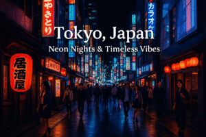 Night view of Tokyo's Shibuya street with neon signs, izakaya lanterns, and crowds enjoying the vibrant nightlife.