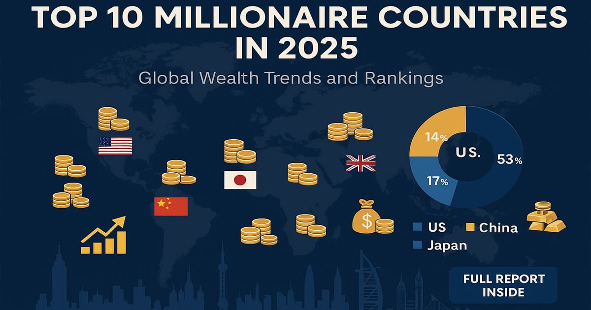 Top 10 Millionaire Countries in 2025 infographic showing global wealth trends with world map, country flags, financial icons, and top 3 millionaire nations chart (US, China, Japan).