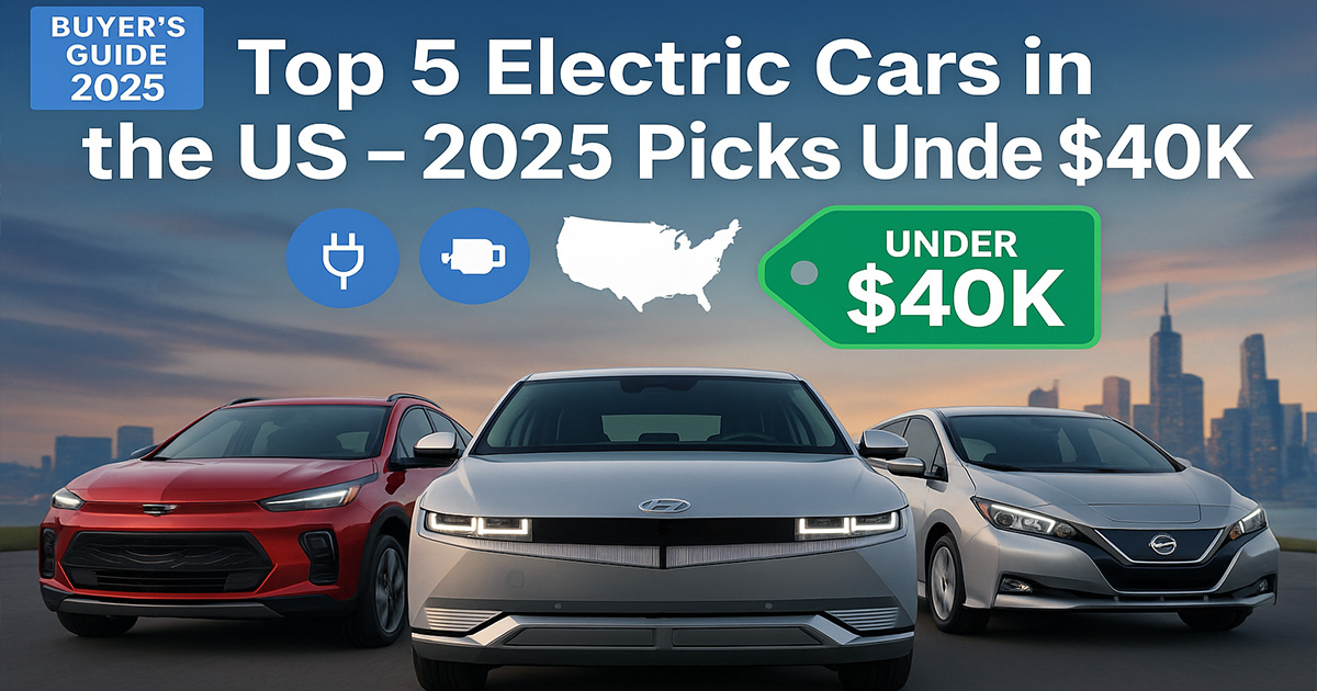 Top 5 Electric Cars in the US for 2025 displayed on a futuristic road at sunrise, featuring the Chevrolet Bolt EUV, Hyundai Ioniq 5, and Nissan Leaf with badges highlighting 'Under $40K' and 'Buyer’s Guide 2025'.