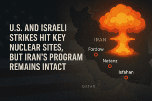 Map showing Fordow, Natanz, and Isfahan nuclear sites in Iran struck by U.S. and Israeli airstrikes, with explosion graphic and headline indicating the program remains functional.