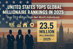 Top 10 Millionaire Countries in 2025: Global Wealth Leaders Revealed 2 Image showing the United States leading the world in millionaire count in 2025 with 23.5 million high-net-worth individuals, featuring the U.S. flag, New York skyline, wealth icons, and silhouettes of businesspeople.